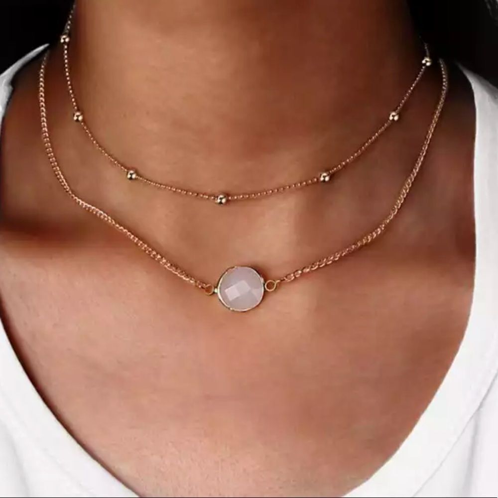 Natural Crystal 2 Layer Choker Necklace Gold